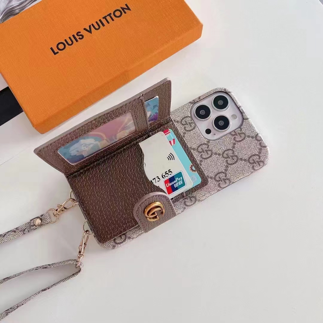 Lv Louis Vuitton iphone 18 pro max wallet case glossy print case - card slot with crossbody strap view 3