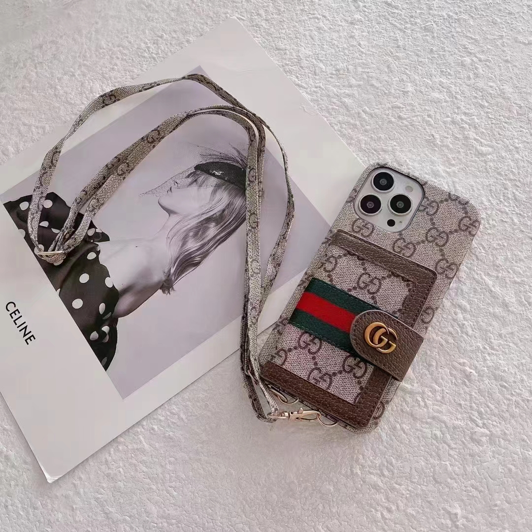 Lv Louis Vuitton iphone 18 pro max wallet case glossy print case - card slot with crossbody strap view 4