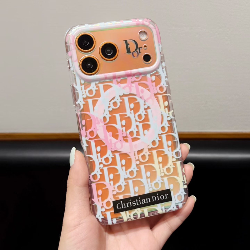 Dior iphone 17 pro max orange plaid clear cover circle brand ring