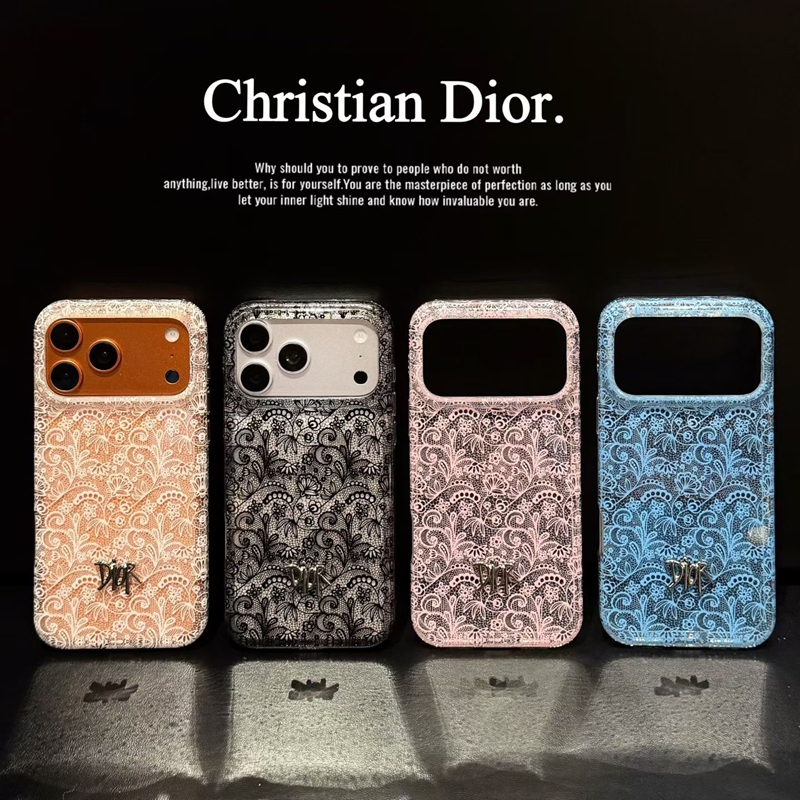 Christian Dior iphone 18 pro max lace case four colors peach black pink blue display