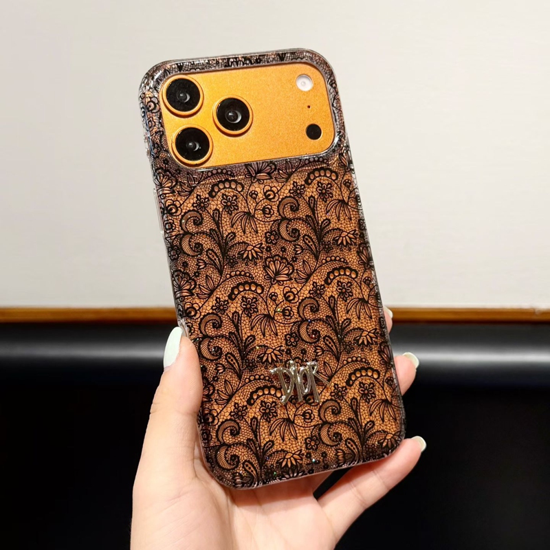 Dior iphone 17 pro max black silver lace glitter case camera frame