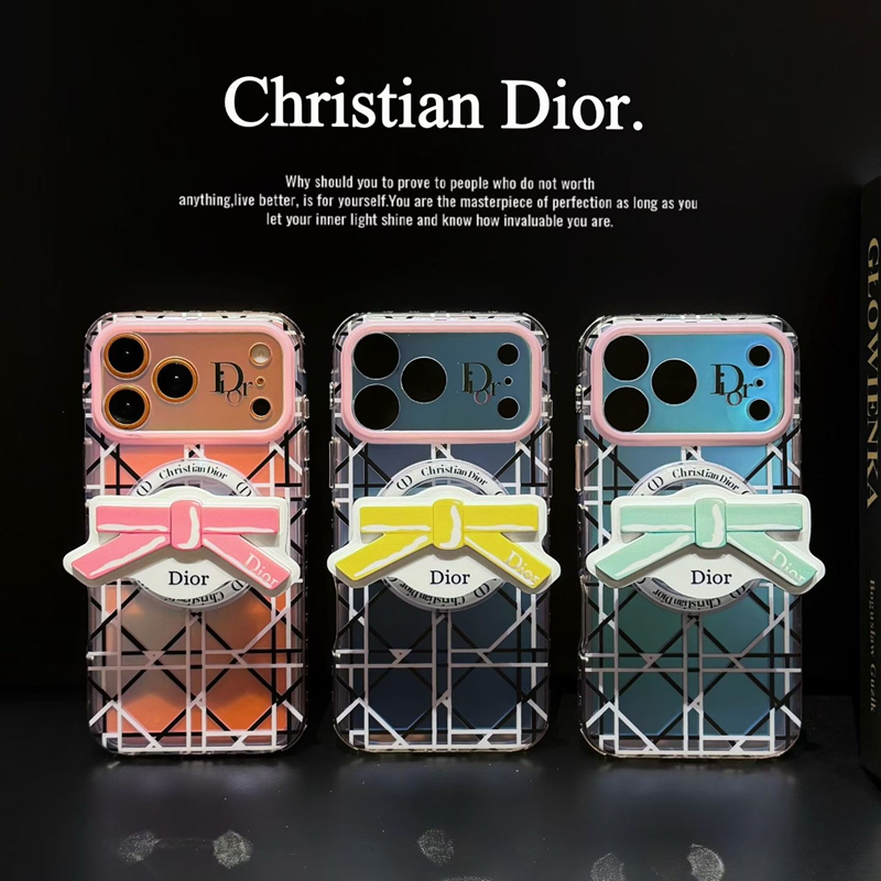 Christian Dior iphone 18 pro max clear plaid case three colors bowknot stand display