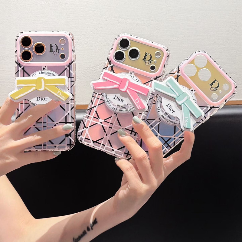 Christian Dior iphone 18 pro orange clear plaid cover pink bowknot