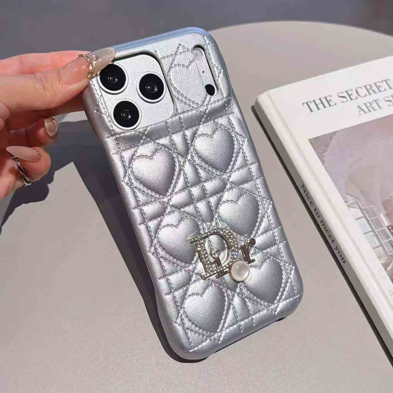 Dior iphone 15 pro pink heart quilted case pearl charm macro