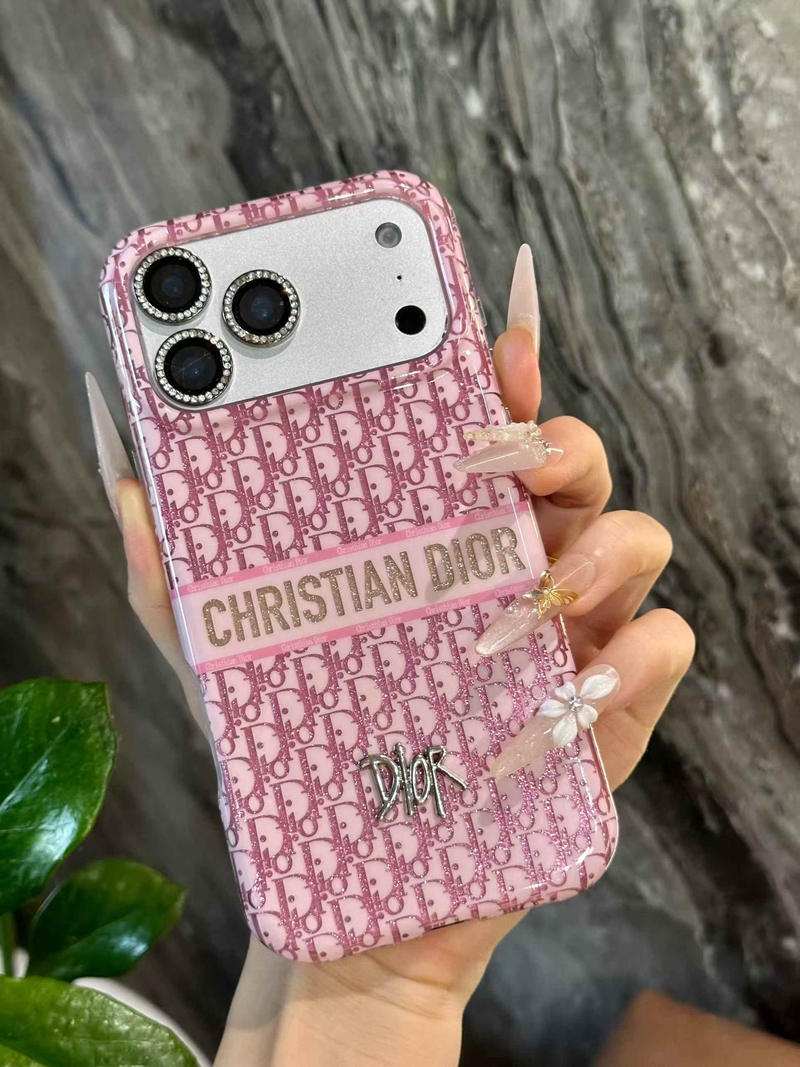 Christian Dior iphone 18 pro pink glitter monogram case pearl charm detail