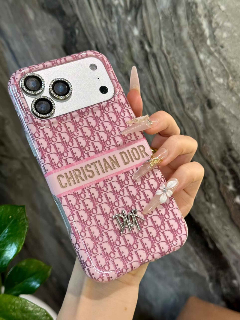 Christian Dior iphone 16 pro glitter monogram case held in hand